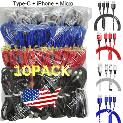 #ad 10X Lot 3A Fast USB Charging Cable 3in 1 Charger Cord For iPhone USB C Micro USB $24.18
