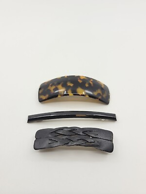 #ad Lot of 3 Vintage Barrettes Made In France Tortoise Black Lucite Black Leather