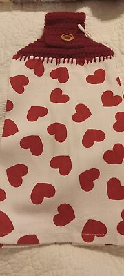 #ad Kitchen Hand Towel Crochet Handmade Valentine Red Hearts With Dark Red Topper