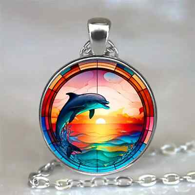 #ad Dolphin Jumping Fashionable Creative Round Pendant Necklace