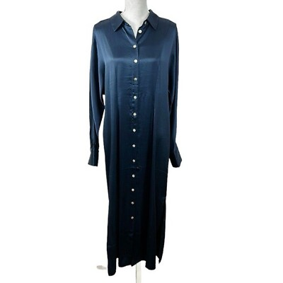 #ad Madewell Kouies Satin Midi Shirtdress Women#x27;s 14 Blue NWT Side Slits Button Cuff