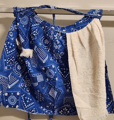 #ad Vintage Half Apron Blue Bandanna Print Fabric w attached Terry Towel