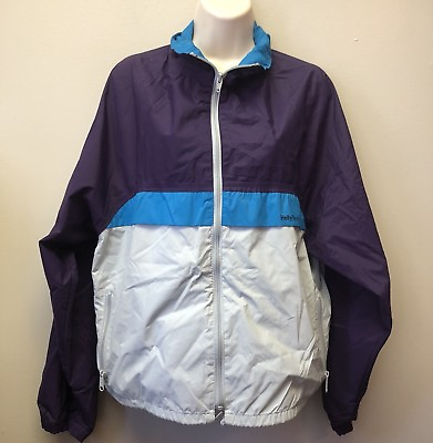 #ad Vtg Helly Hensen Womens Sz L Purple Teal Gray Windbreaker Track Jacket Rain Coat