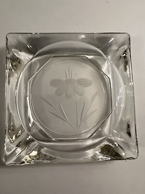 #ad Vintage Etched Glass Ashtray Flower