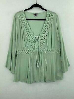 #ad Torrid 0 Peasant Blouse Top Green Bell Sleeve Tassel Womens Crochet B45 01