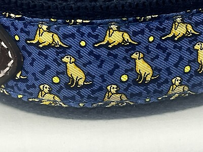 #ad Vineyard Vines BLUE DOG FABRIC WOVEN BELT Size 26 Leather Ends Metal Buckle