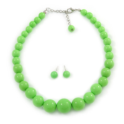 #ad Apple Green Acrylic Bead Choker Style Necklace And Stud Earring Set In Silver