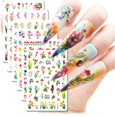 #ad 3D Nail Art Stickers Transfers Decals Spring Flowers Floral Fern Tulips DIY NS41