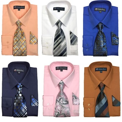 #ad New Men#x27;s Cotton Blend Dress Shirt with Tie and Handkerchief 22 colors 21