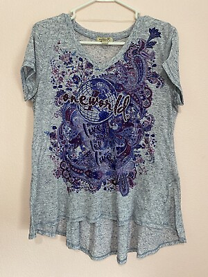 #ad One World Large Women#x27;s Blue Studded Paisley Floral Linen Hi Low TShirt Top