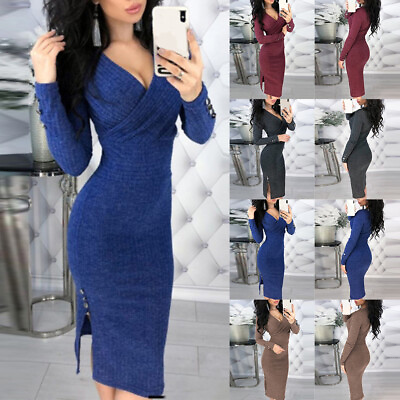 #ad Womens Knitted Long Sleeve Bodycon Wrap Dress Ladies V Neck Party Jumper Dresses