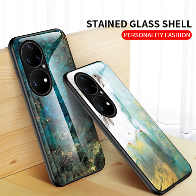 #ad For Huawei P50 Pro Mate 40 Nova 8 7 Marble Tempered Glass Rubber Hard Case Cover