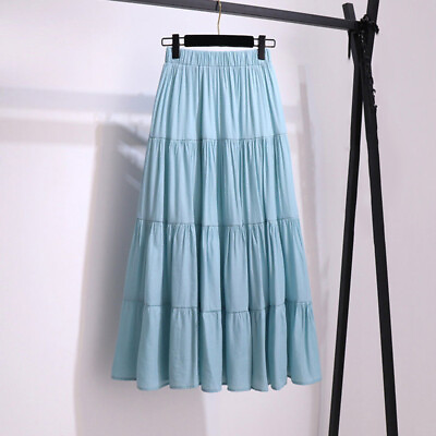 #ad Womens Summer Beach Long Pleated Skirts Casual Waist Elastic Ruffles Maxi Dress