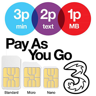#ad PAYG Pay As You Go Three 3 Standard Micro Nano SIM Card Number for Mobile Phones