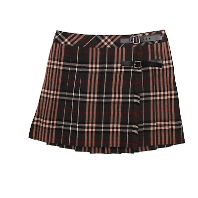 #ad Burberry Mini Skirt Dark Grey Red Check Nova Pleated Leather Buckle Size S UK 8
