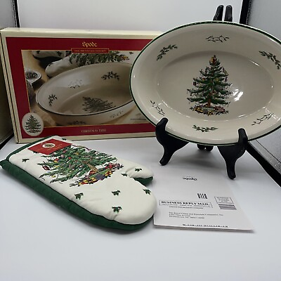 #ad Spode Christmas Tree Large Oval Rim Dish with Oven Mitt 12.5quot; New