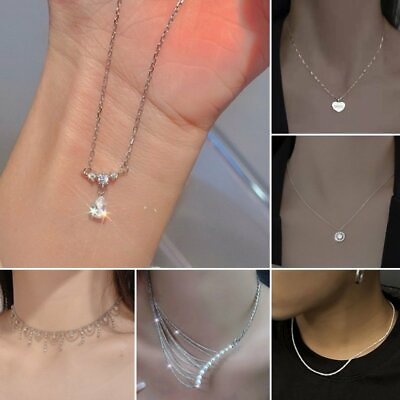 #ad Fashion Silver Round Crystal Pendant Necklace Clavicle Chain Women Jewelry Gifts