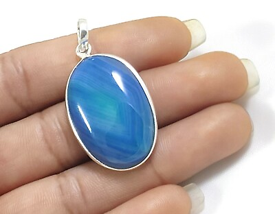 #ad Blue Banded Agate Gemstone Handmade Fashion Jewelry Silver Pendant P 641