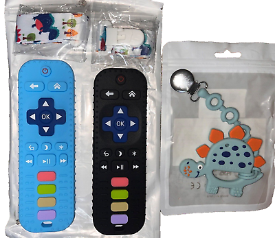 #ad 3 Pack Baby Silicone Teether#x27;s 2 Remote Control Shapes 1 Dinosaur Clip On
