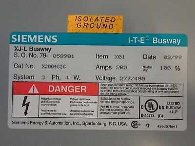#ad 1 Stick 10 Feet Siemens ITE Busway XJ L X2004GIG 200A 277 480V 3P 4W NEW Surplus