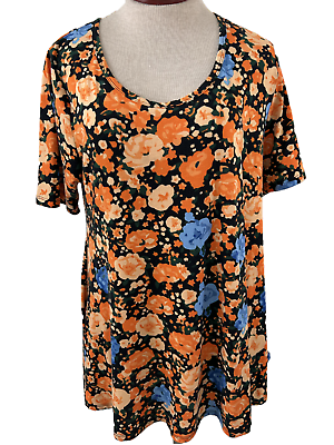 #ad Lularoe Irma top size M tunic short sleeve orange blue roses longer back floral