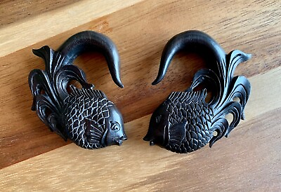 #ad PAIR Hand Carved Koi Fish Wood Taper Ear Hangers Organic Plugs Tunnels Gauges