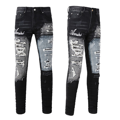 #ad New Pop Style Ripped Patchwork Pants Men#x27;s Skinny Fit Black Denim Jeans AM1322C