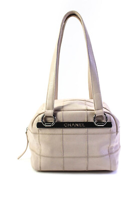 #ad Chanel Womens Caviar Leather Square Stitch Logo Shoulder Handbag Beige E2305361