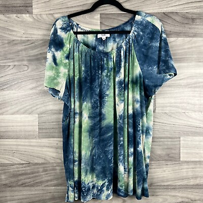 #ad Fyve Blouse Womens 2X Plus Blue Tie Dye Short Sleeve Ruched Pullover Scoop Neck