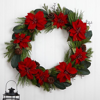 #ad 36quot; Poinsettia Pine Artificial Holiday Christmas Wreath Home Decor.Retail $212