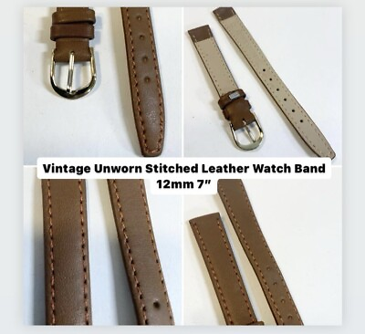 #ad Vintage Unworn Womens Tan Stitched Leather Wristwatch Band 12mm 7”
