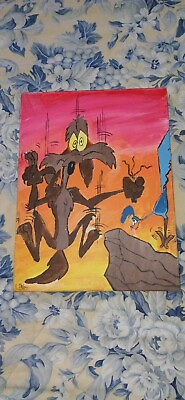 #ad Coyote and Road Runner Disney Cartoon Oil Painting 16quot;x12quot;