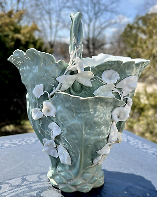 #ad Antique Paste Porcelain Celadon Green Tiered Vase Marked KPM Morning Glory