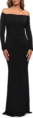 #ad La Femme Black Off the Shoulder Long Sleeve Jersey Gown Sz 8 $345 NWOT