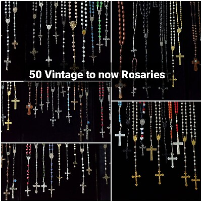 #ad Lot Vintage Rosaries 50 Catholic Christian Rosary Beads Glass Wood Pearl Crystal