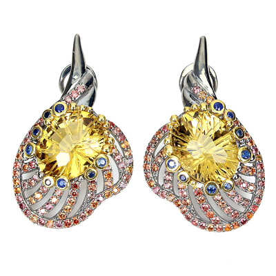 #ad Handmade Oval Citrine 18ct Sapphire Diamond Cut 925 Sterling Silver Earrings