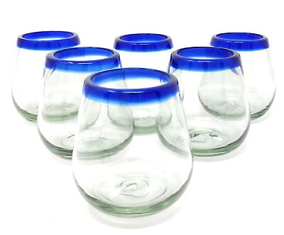 #ad Hand Blown Mexican Stemless Wine Glasses Set of 6 Glasses w Blue Rims 15oz