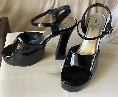 #ad Ellie Black Patent Leather Platform Ultra High Block Heel Woman’s Shoe Size 8
