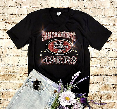 #ad Womens San Francisco 49ers Rhinestone New Womens Sizing VNeck T shirt S thru 4X