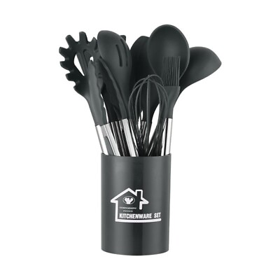 #ad 11 PCS Silicone Utensils Set Food Grade Steel Handle Nonstick Cooking Dark Grey