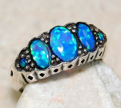 #ad Natural 2CT Blue Fire Opal 925 Sterling Silver Filigree Ring Sz 678 FM3