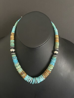 #ad Sterling silver blu green turquoise bead necklace 18 inch