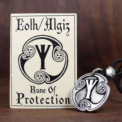 #ad Eolh Protection Rune Pendant Norse Viking Asatru Talisman Algiz Elhaz Necklace