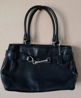 #ad COACH Hampton All Black Leather Tote Satchel Belted Handbag F08A70 EUC