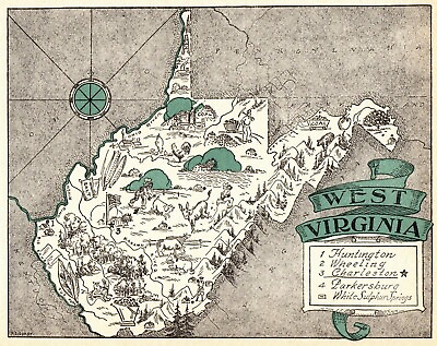 #ad 1930s Antique Animated WEST VIRGINIA State Map RARE Picture Cartoon Map BLU 7296
