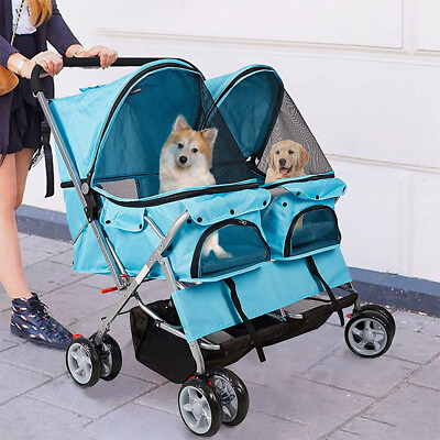 #ad LUCKYERMORE Double Dogs Stroller Pet Cats Cage Folding Carrier Travel Pushchair
