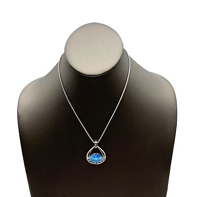 #ad Silver Tone Chain Faceted Blue Glass Stone amp; Rhinestone Pendant Fashion Necklace