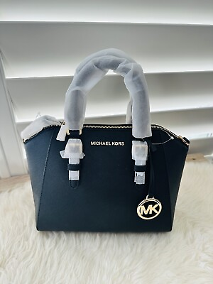 #ad NWT Michael Kors Ciara Medium Messenger Saffiano leather Bag Black Gold $298
