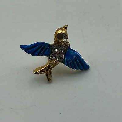 #ad Blue Bird Lapel Pin Clear Rhinestones Back One Single Eye Tiny Small Vintage