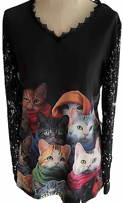 #ad Cat Lover Womens Shirt Long Sleeve Top Black Multicolored V Neck Lace XL CUTE